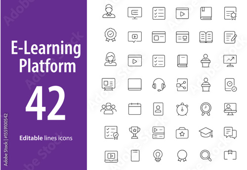 E-Learning Platform Line Icons, Online Course, Certificate, Video Lecture, Quiz, Virtual Class, Progress Tracker, and More , Editable Formats: AI, EPS, JPG, PNG , Ideal for Both Digital and Print Use
