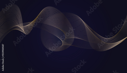 Abstract swirling line wave background. illustration golden line luxury shapes, vector dark blue background.