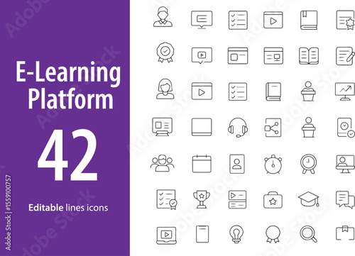 E-Learning Platform Line Icons, Online Course, Certificate, Video Lecture, Quiz, Virtual Class, Progress Tracker, and More , Editable Formats: AI, EPS, JPG, PNG , Ideal for Both Digital and Print Use
