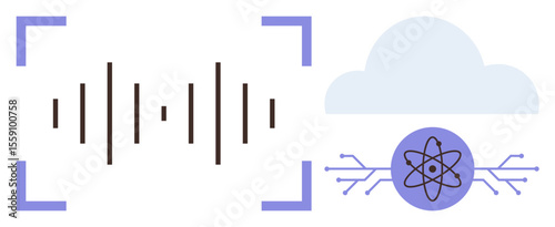 Sound waves enclosed in brackets, symbol of a cloud, and AI with circuitry lines represent tech themes. Ideal for AI, cloud storage, innovation, data science, IoT, machine learning simple flat