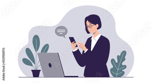 a woman in a business suit using a smartphone, with a laptop and potted plant in the background. Suitable for landing page, banner, marketing, web design, presentation, infographic, etc.