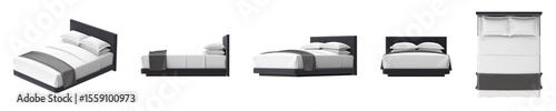 Isometric bed in five different views for architectural design and 3d modeling