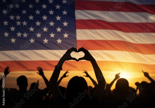 Silhouettes making heart shape in front of an american flag at sunset