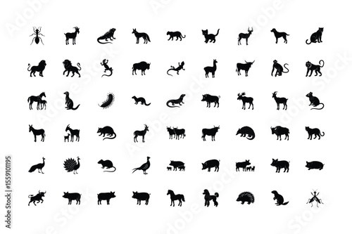 Diverse Silhouette Animal Kingdom Showcase An Array of Wildlife Representations in Black and White Illustrations With a Myriad of Shapes and Sizes