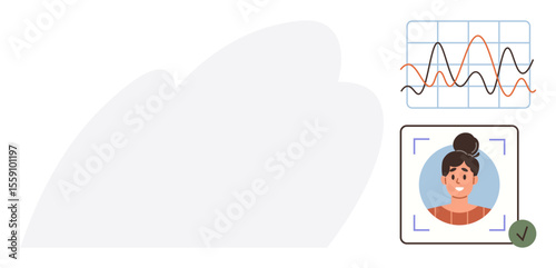 Facial recognition scan of a woman with approval checkmark next to data graph trends over a grid. Ideal for technology, security, analytics, innovation, AI, identity, research simple flat metaphor