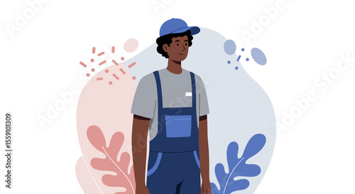 a man wearing a blue cap and overalls, standing against a background with pink and blue leaf shapes. Suitable for landing page, banner, marketing, web design, presentation, infographic, etc.