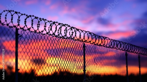 Barbed wire fence at sunset