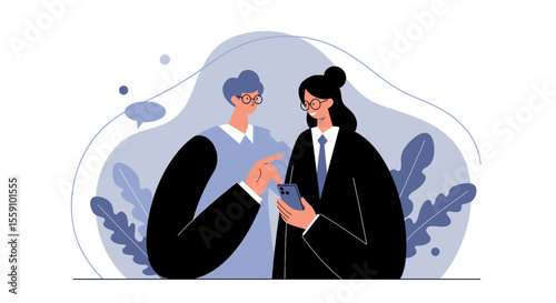 two stylized figures, one wearing a suit and glasses and the other in a blue dress, both holding a smartphone. Suitable for landing page, banner, marketing, web design, presentation, infographic, etc.