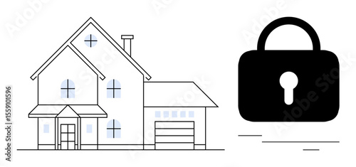 Minimalist design of a house paired with a large padlock emphasizing safety, home protection, and security. Ideal for real estate, insurance, cybersecurity, privacy, safe living, trust and property