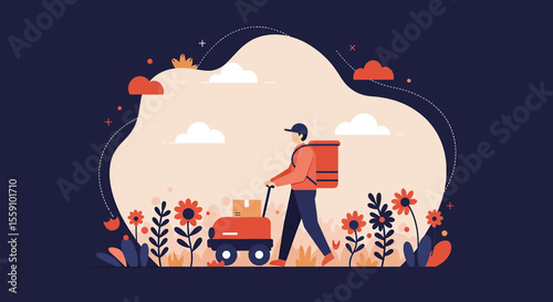 A delivery person with a backpack and cart walks through a stylized landscape with flowers and clouds, conveying a sense of service.