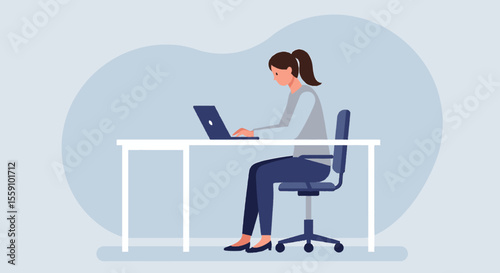 A young woman sits at a desk with poor posture while diligently working on her laptop in a modern office or home environment.