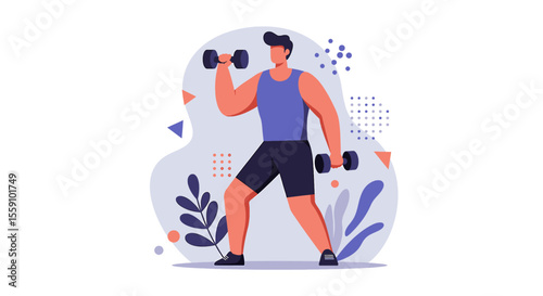Fit man exercising with dumbbells, building muscles and improving physical health in a modern, stylized workout environment.