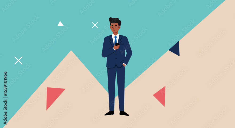 Obraz premium a man in a suit standing against a geometric background with a blue sky and geometric shapes. Suitable for landing page, banner, marketing, web design, presentation, infographic, etc.