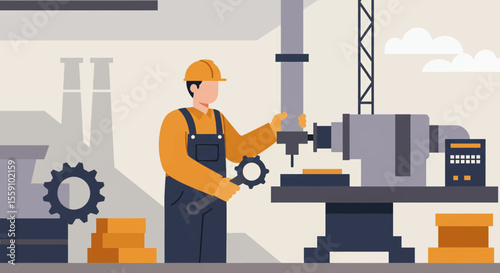 A male industrial worker in a hard hat operates a metalworking machine in a factory setting, showcasing precision and manufacturing processes.