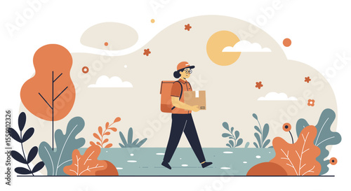 a delivery person walking through a natural landscape with plants, flowers, and a cloudy sky. Suitable for landing page, banner, marketing, web design, presentation, infographic, etc.