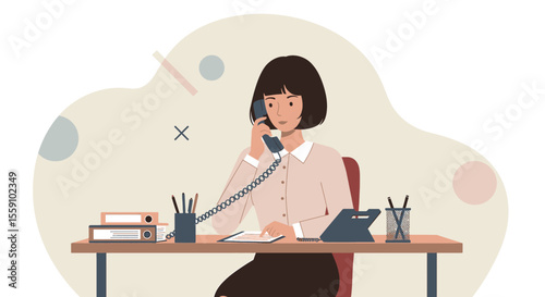 a woman seated at a desk, engaged in a phone conversation, with office supplies and a computer nearby. Suitable for landing page, banner, marketing, web design, presentation, infographic, etc.