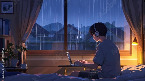 Anime boy typing on computer in bedroom at night with rain outside the window