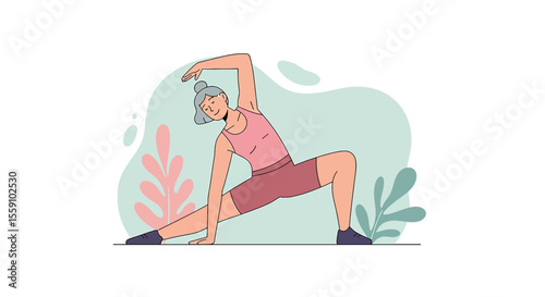 a woman in a yoga pose with her arms extended upwards. Suitable for landing page, banner, marketing, web design, presentation, infographic, etc.