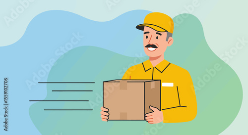 A smiling delivery man in a yellow uniform swiftly carries a cardboard package, symbolizing efficient and fast shipping services against an abstract background.