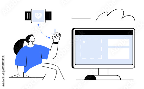 Woman wearing fitness tracker syncing data with desktop monitor to track health metrics. Ideal for fitness, health apps, wearable tech, smart devices, data analysis, health monitoring, and lifestyle