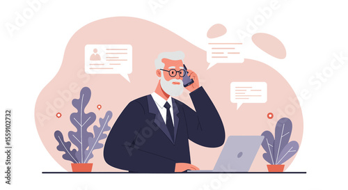 an older man in a suit talking on a mobile phone, with a laptop and potted plants in the background. Suitable for landing page, banner, marketing, web design, presentation, infographic, etc.
