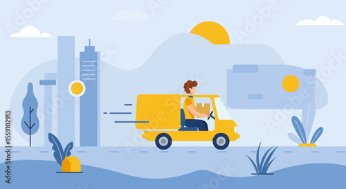 a delivery person in a yellow truck driving through a cityscape with buildings, a sun, and clouds. Suitable for landing page, banner, marketing, web design, presentation, infographic, etc.
