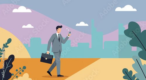 A man in a suit is walking with a briefcase, looking at his phone, with a cityscape in the background. Suitable for landing page, banner, marketing, web design, presentation, infographic, etc.