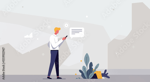 a man in a white shirt and dark pants standing and using a mobile device, with a chat bubble containing text. Suitable for landing page, banner, marketing, web design, presentation, infographic, etc.