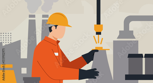 Illustration shows a factory worker in orange uniform and yellow hardhat operating a welding machine in a modern industrial setting with factory backdrop.