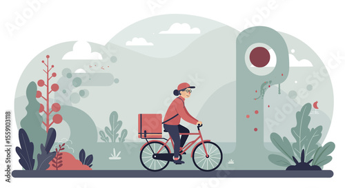 A person is riding a bicycle with a package attached to the back. Suitable for landing page, banner, marketing, web design, presentation, infographic, etc.
