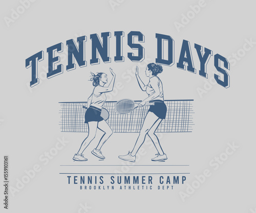 tennis summer camp graphic art, two girl playing tennis vector illustration, athletic women t shirt print design
