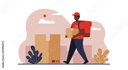 Delivery man holding a box and carrying backpack. Suitable for landing page, banner, marketing, web design, presentation, infographic, etc.