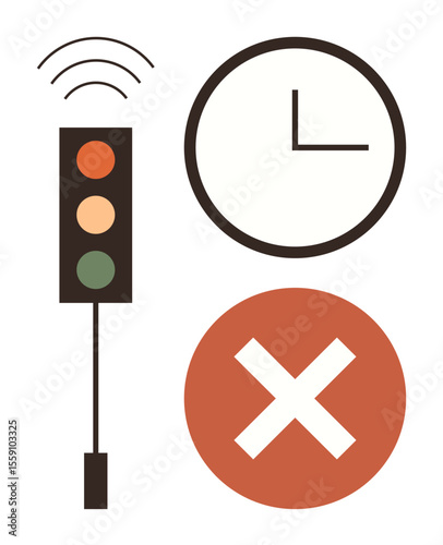 Traffic light with wireless signal, clock indicating time, and cancel mark in bold red. Ideal for traffic systems, punctuality, deadlines, restrictions, cancellations, decision-making planning