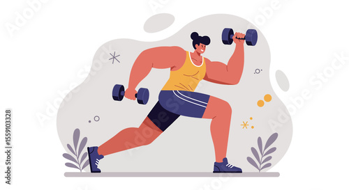 a muscular man in a yellow tank top and blue shorts, lifting a dumbbell with both hands. Suitable for landing page, banner, marketing, web design, presentation, infographic, etc.