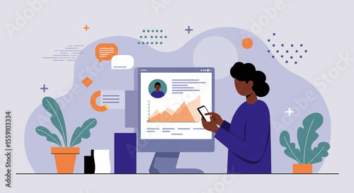 a person standing in front of a computer monitor, actively engaged with a graph displayed on the screen. Suitable for landing page, banner, marketing, web design, presentation, infographic, etc.