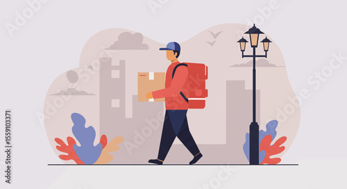 A delivery person, clad in a red jacket and blue cap, strides along a city street, clutching a package. Suitable for landing page, banner, marketing, web design, presentation, infographic, etc.