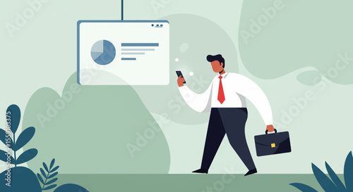 a man in a suit and tie holding a briefcase and looking at a whiteboard