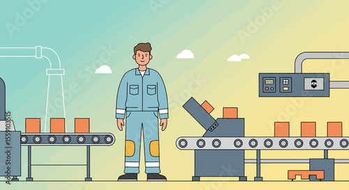 An illustrated factory worker stands confidently in front of production lines, boxes moving along conveyor belts, showcasing industry and manufacturing processes.
