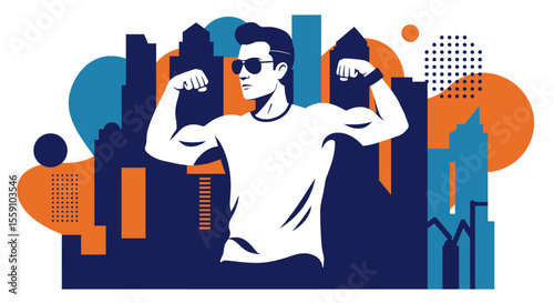 a man flexing his muscles in front of a city skyline with abstract shapes and patterns in various colors. Suitable for landing page, banner, marketing, web design, presentation, infographic, etc.