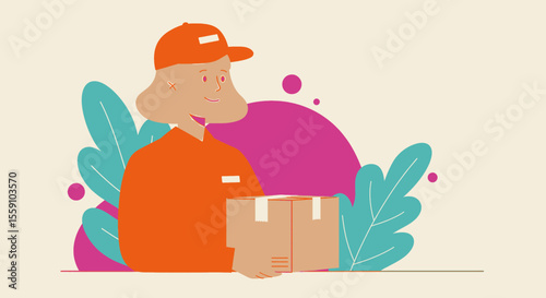 a delivery person in an orange uniform holding a brown box, with a pink and green background. Suitable for landing page, banner, marketing, web design, presentation, infographic, etc.