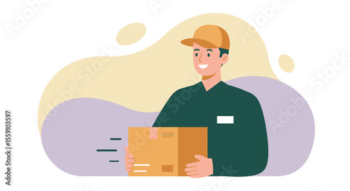A delivery person in a green uniform and yellow cap is holding a brown cardboard box, ready to deliver it. Suitable for landing page, banner, marketing, web design, presentation, infographic, etc.