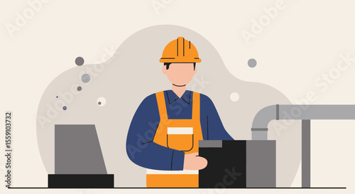 An illustrated construction worker in a hard hat reviews a project, standing near machinery and pipes, representing industry and labor.