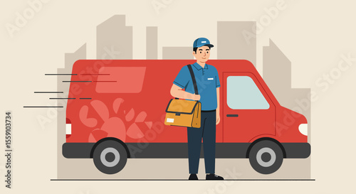 a delivery person standing next to a red delivery van, with a city skyline in the background. Suitable for landing page, banner, marketing, web design, presentation, infographic, etc.