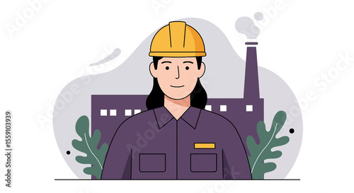 An illustration depicts a female factory worker wearing a yellow hard hat, standing in front of an industrial plant, representing industry and labor.
