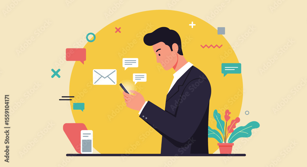 a man in a suit is using his phone. Suitable for landing page, banner, marketing, web design, presentation, infographic, etc. a man in a suit is using his phone. Suitable for landing page, banner, marketing, web design, presentation, infographic, etc.