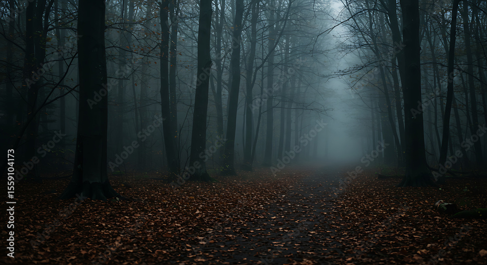 Naklejka premium A haunting, ethereal scene of a foggy forest. The image evokes a sense of mystery and solitude. A path leads into the unknown, bordered by tall trees shrouded in mist.