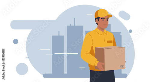 a delivery person in a yellow uniform carrying a cardboard box. Suitable for landing page, banner, marketing, web design, presentation, infographic, etc.