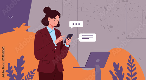 a woman in a business suit engrossed in her phone, with chat bubbles indicating an ongoing conversation. Suitable for landing page, banner, marketing, web design, presentation, infographic, etc.