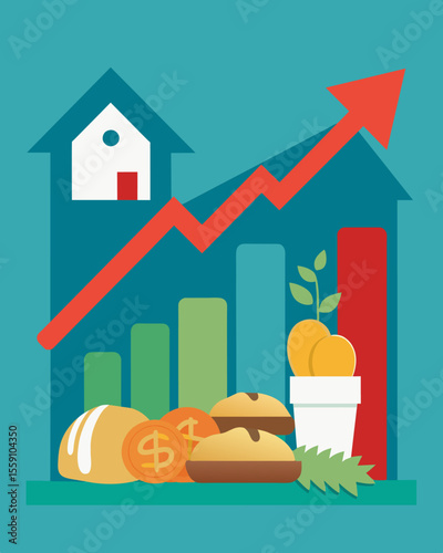 A chart showing the rise in food prices and decrease in household income indicating the inflation and financial strain experienced by families during an economic downturn.. Vector illustration
