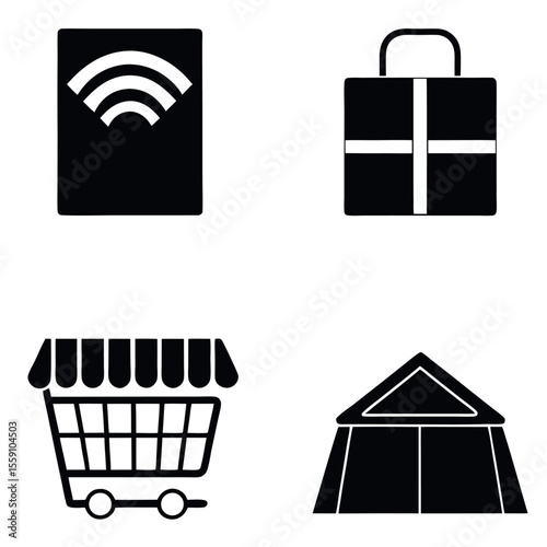 Collection of four black shopping and communication icons isolated on white background